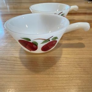 Two Fire King 8 ounce bowls with painterly cherry design.